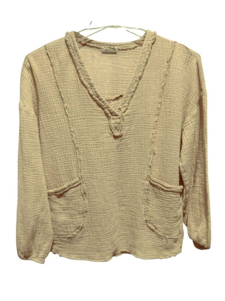 Oversized Boho Cotton Gauze Top V-Neck Long Sleeve Sz L Front Pockets Raw Edges